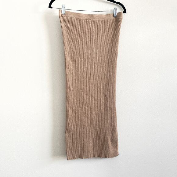 Mango Sweater Skirt Women M Tan Ribbed Knit Midi Bodycon Classic Minimalist - Picture 1 of 6